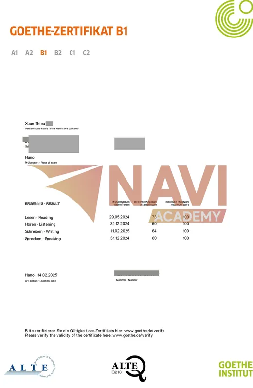 Chứng chỉ Goethe B1 của học viên NAVI Academy