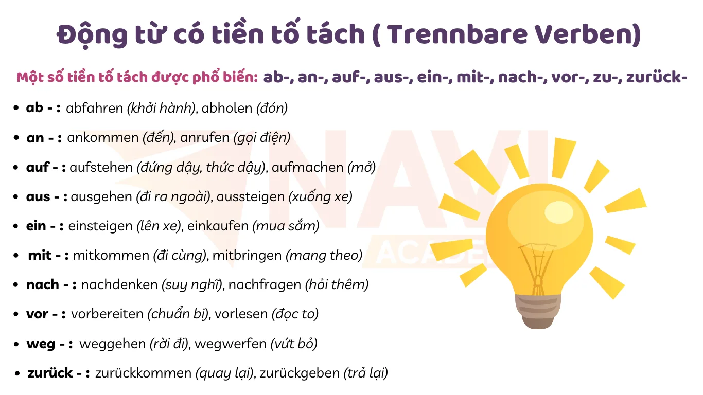 Danh sách tiền tố tách trong tiếng Đức (ab-, an-, auf-, aus-, ein-, mit-, nach-, vor-, weg-, zurück-) kèm ví dụ động từ và nghĩa tiếng Việt.