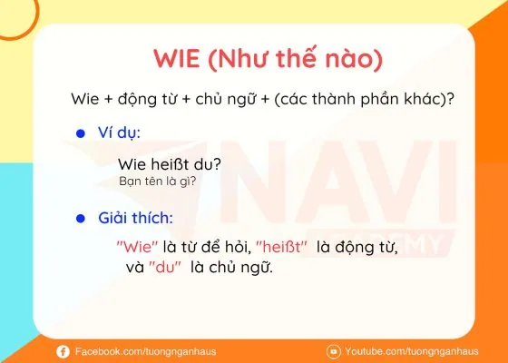 Thẻ học từ để hỏi Wie (như thế nào): cấu trúc câu và ví dụ Wie heißt du? kèm giải thích từng thành phần.