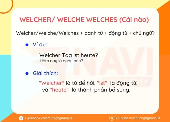 Thẻ học từ để hỏi Welcher/Welche/Welches (cái nào): cấu trúc câu và ví dụ Welcher Tag ist heute? kèm giải thích từng thành phần.