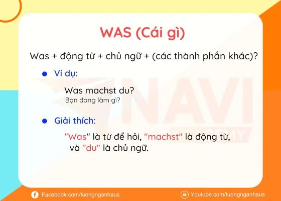 Thẻ học từ để hỏi Was (cái gì): cấu trúc câu và ví dụ Was machst du? kèm giải thích từng thành phần.