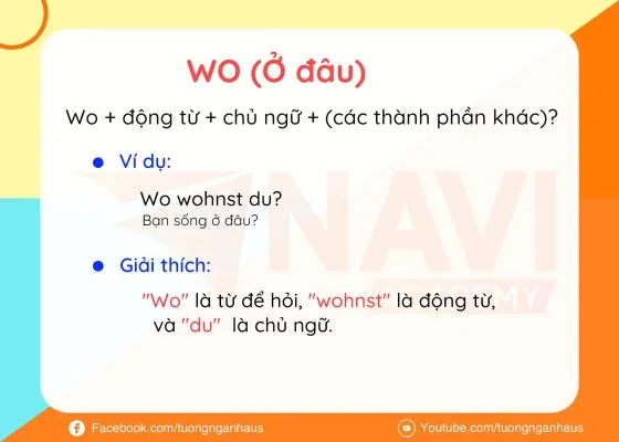 Thẻ học từ để hỏi Wo (ở đâu): cấu trúc câu và ví dụ Wo wohnst du? kèm giải thích từng thành phần.