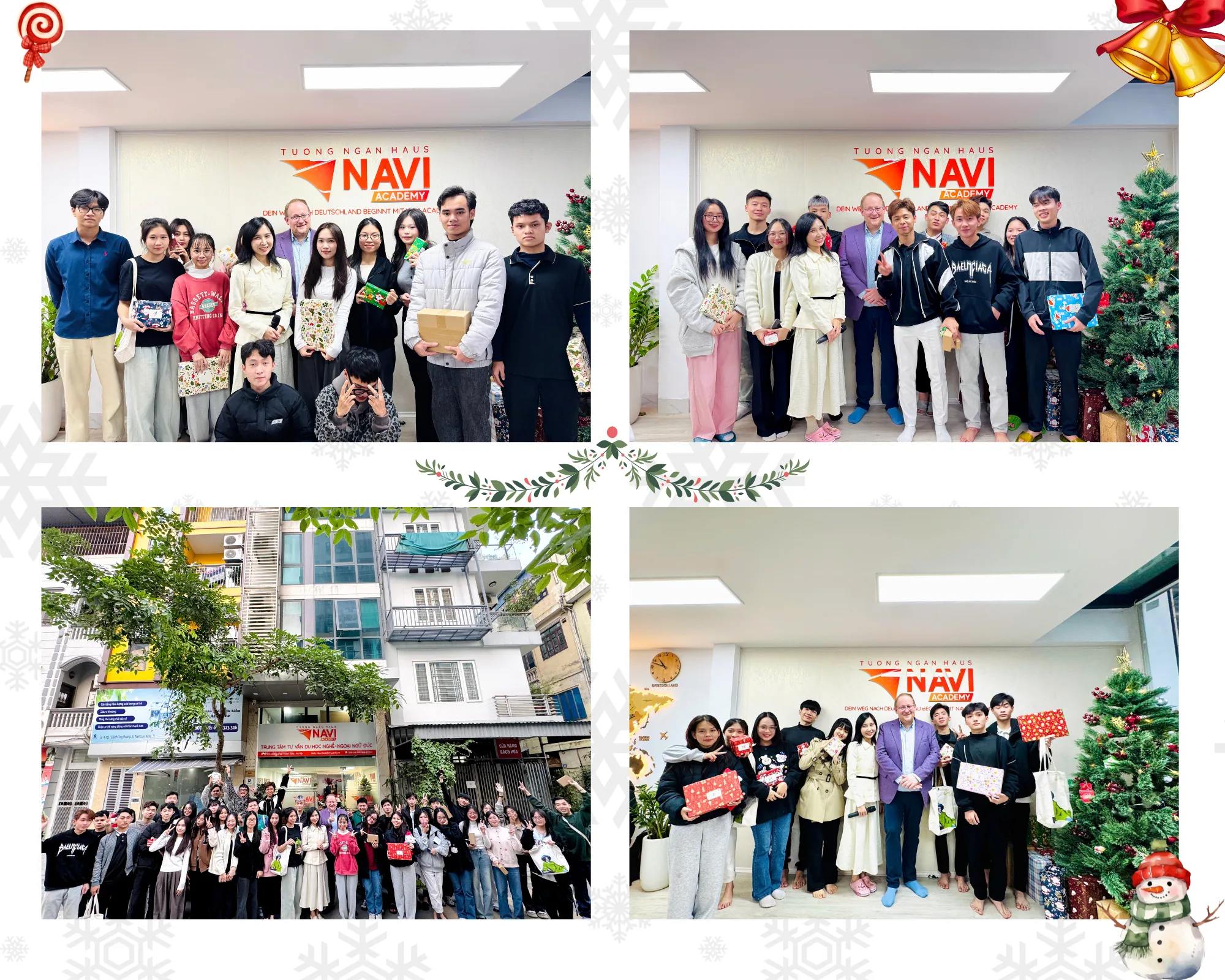 Ảnh ghép các khoảnh khắc Giáng sinh tại NAVI Academy: học viên nhận quà, chụp ảnh nhóm bên cây thông và trước cửa trung tâm.