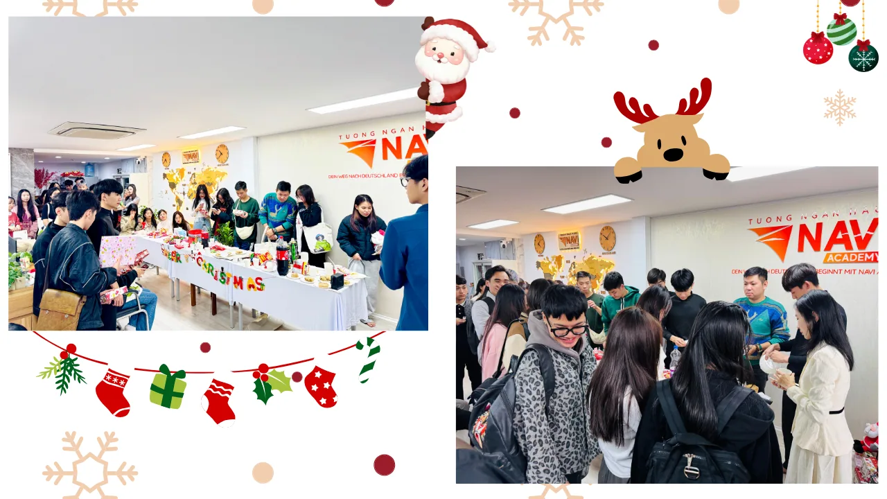 Ảnh ghép buổi tiệc Giáng sinh tại NAVI Academy: học viên quây quần bên bàn tiệc trang trí Merry Christmas.