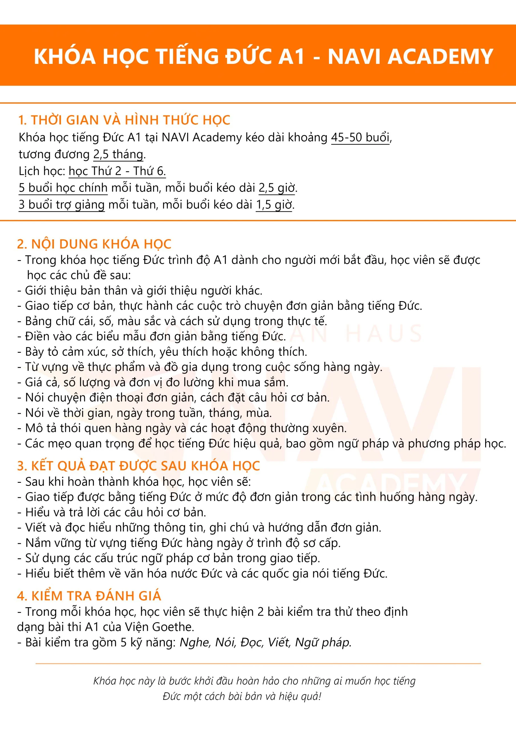 Infographic giới thiệu khoá tiếng Đức A1 tại NAVI Academy: thời gian và hình thức học, nội dung khoá học, kết quả đạt được và cách kiểm tra đánh giá.