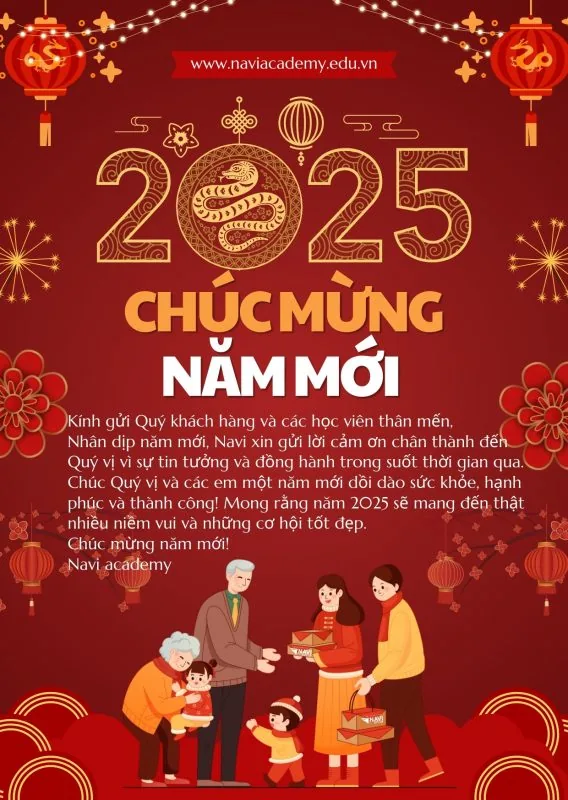 Thiệp chúc mừng năm mới 2025 của NAVI Academy, kèm lời cảm ơn gửi học viên và khách hàng.