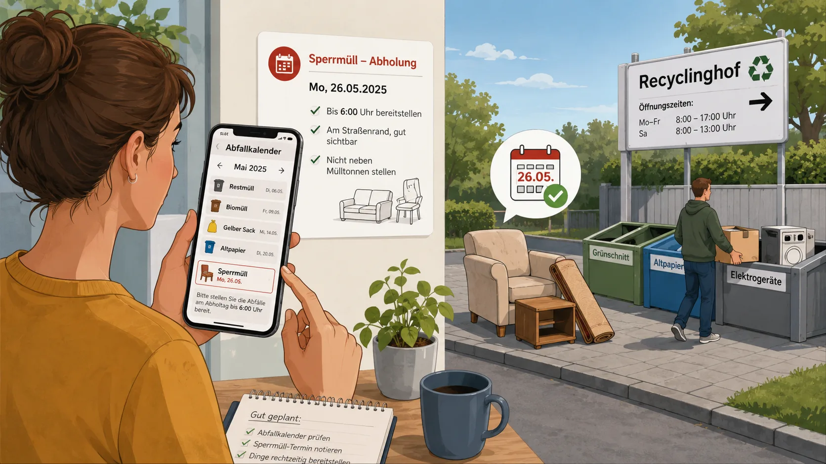 Người dân kiểm tra Abfallkalender để biết lịch thu gom Sperrmüll và điểm Recyclinghof tại Đức