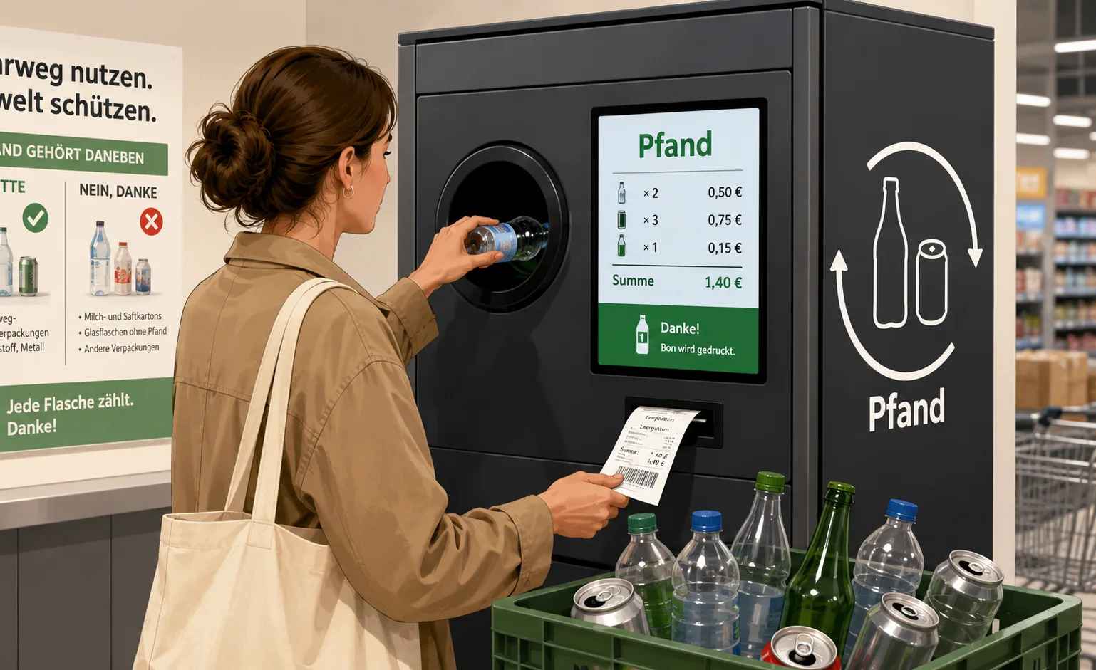 Máy trả chai Pfand trong siêu thị tại Đức giúp người dân hoàn tiền cọc chai và lon