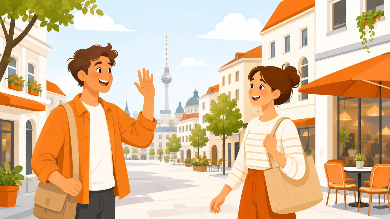 Hai người chào hỏi nhau bằng tiếng Đức Guten Tag
