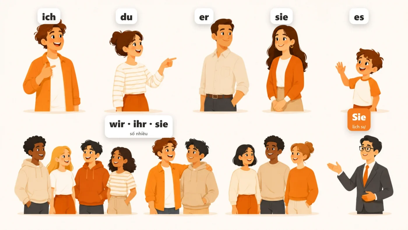 Sơ đồ đại từ nhân xưng tiếng Đức ich du er sie es wir ihr sie Sie