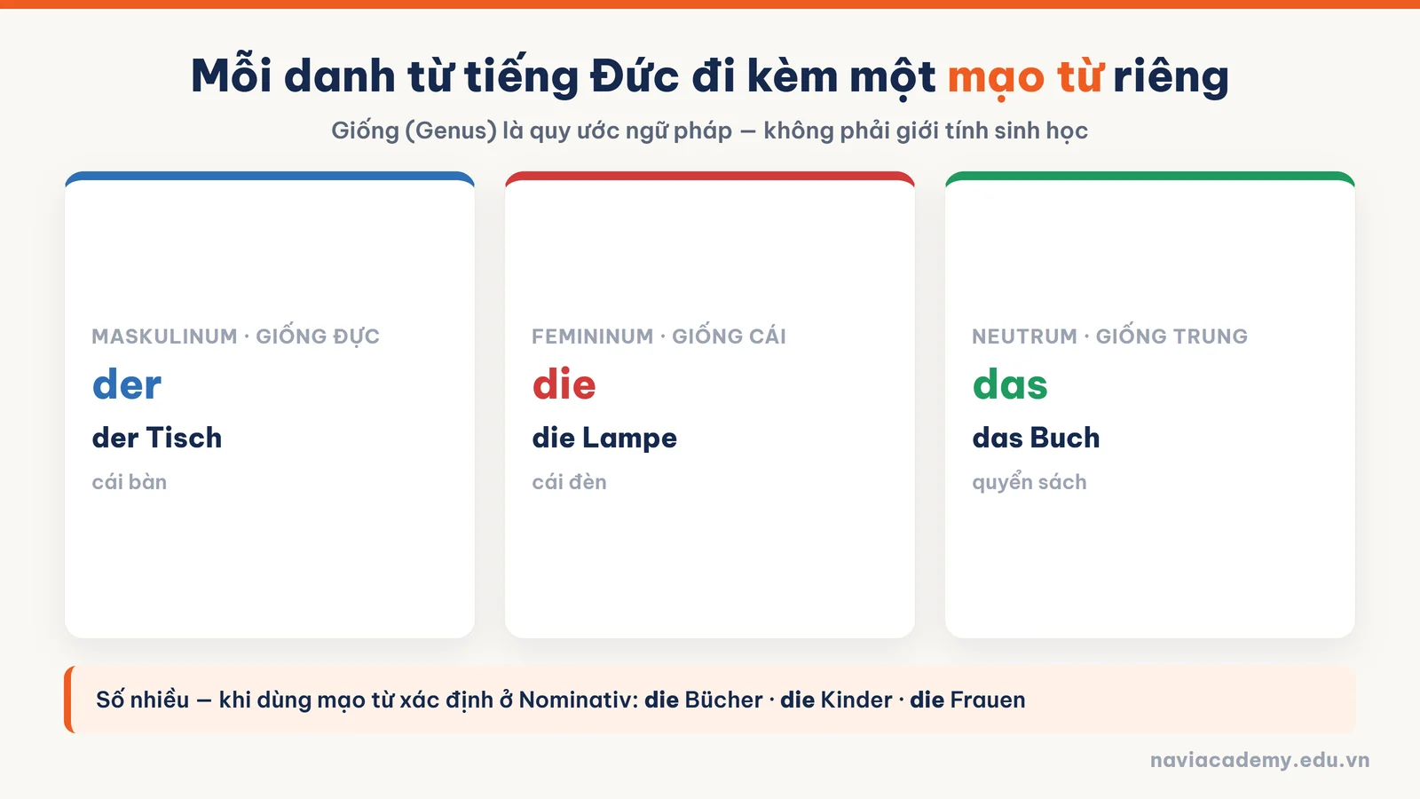 Mạo từ tiếng Đức der die das với ba ví dụ danh từ