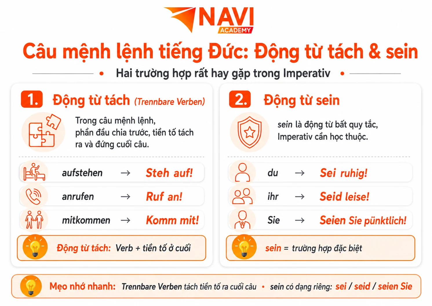 Câu mệnh lệnh với động từ tách và động từ sein trong tiếng Đức