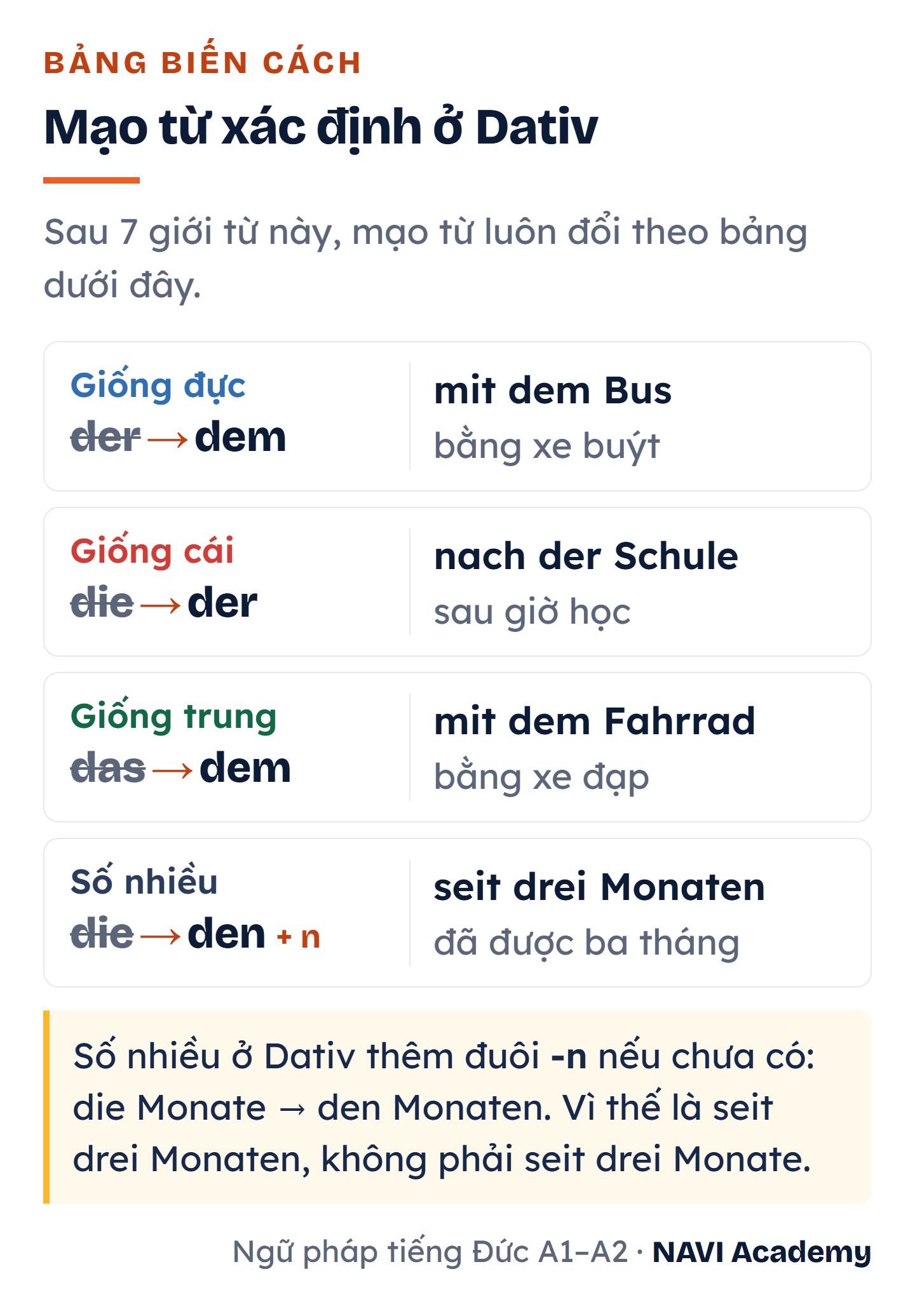 Bảng biến cách mạo từ xác định ở Dativ: giống đực der thành dem với ví dụ mit dem Bus, giống cái die thành der với nach der Schule, giống trung das thành dem với mit dem Fahrrad, số nhiều die thành den kèm đuôi -n với seit drei Monaten